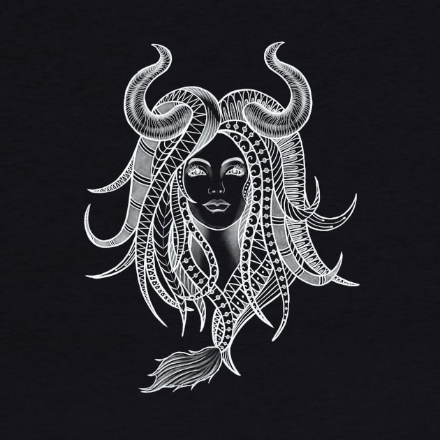 Confident Taurus Woman with Horns and Geometrical Tattoo Design by Tred85